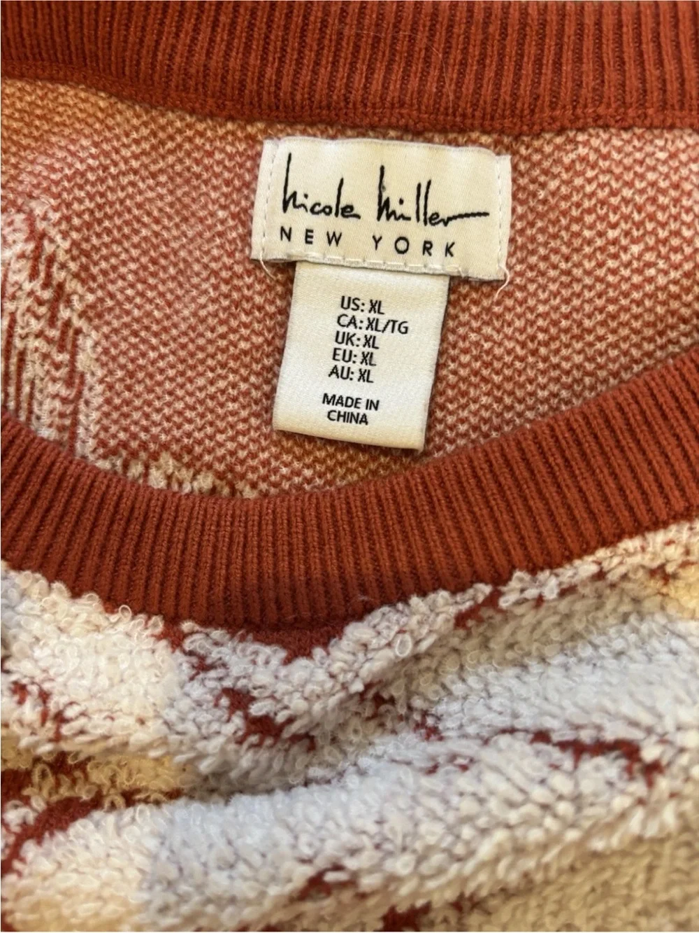 Nicole Miller Floral Boucle Sweater XL Rust Orange Textured Knit